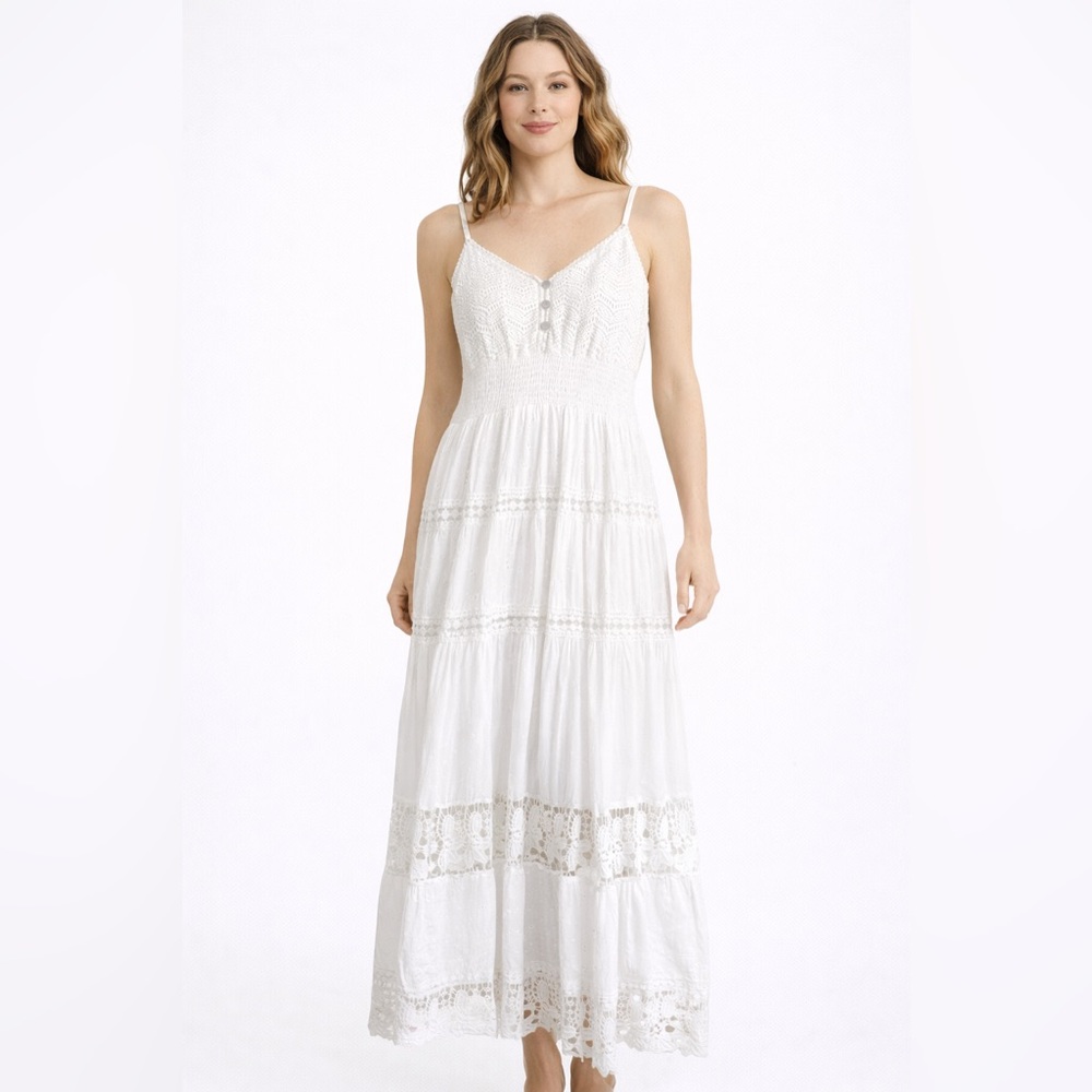 NAOO Women’s Medium White Tiered Crochet Maxi Dress Sleeveless Babydoll Lace